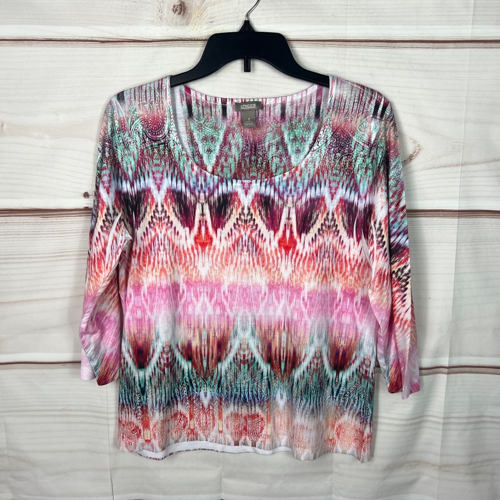 Chicos Top Womens 1 M Colorful‎ Ikat Print T-Shirt 3/4 Sleeve Knit Scoop Neck